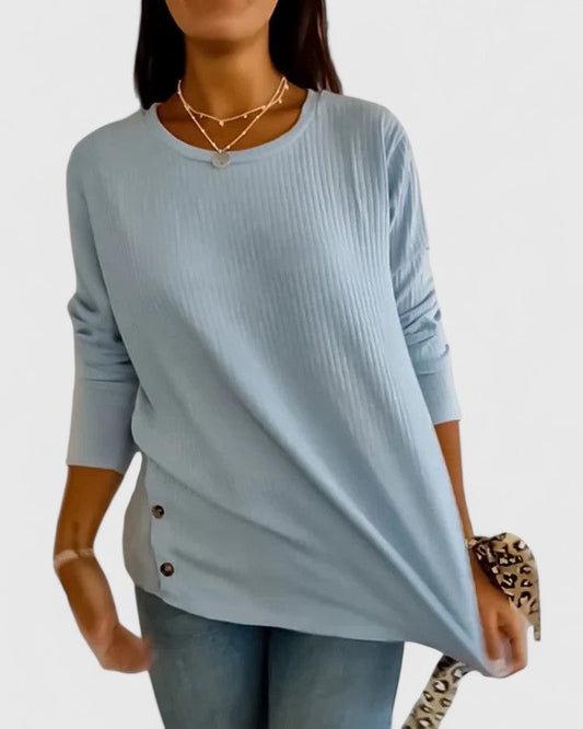Effortless Blue Knit Sweater for Women with Crew Neck Long Sleeve Button Front Casual Style