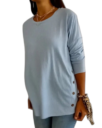 Effortless Blue Knit Sweater for Women with Crew Neck Long Sleeve Button Front Casual Style