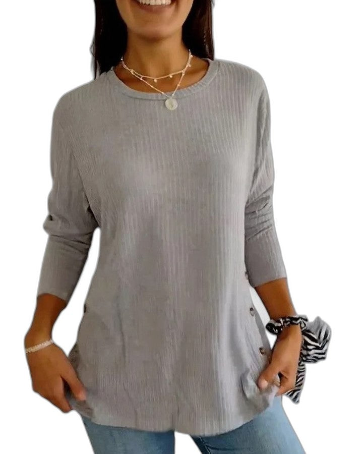 Effortless Blue Knit Sweater for Women with Crew Neck Long Sleeve Button Front Casual Style