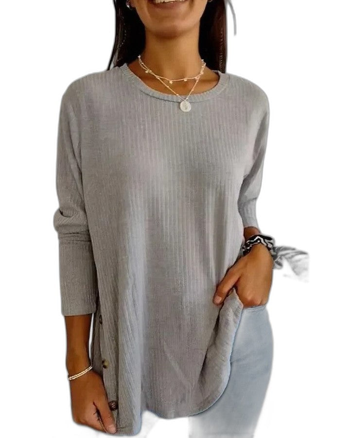 Effortless Blue Knit Sweater for Women with Crew Neck Long Sleeve Button Front Casual Style
