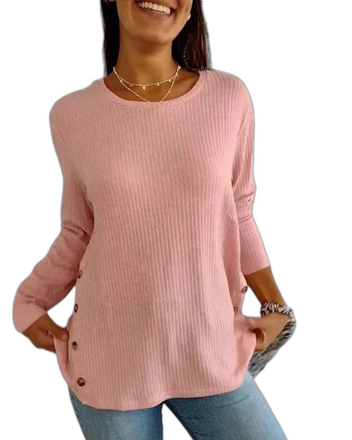 Effortless Blue Knit Sweater for Women with Crew Neck Long Sleeve Button Front Casual Style