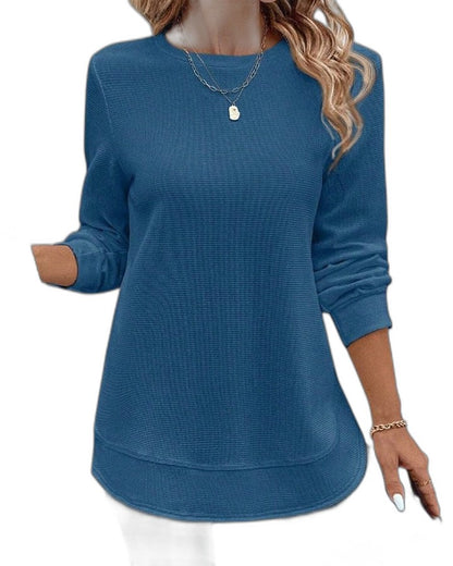 Effortless Blue Knit Sweater for Women with Crew Neck Long Sleeve Oversized Casual Style