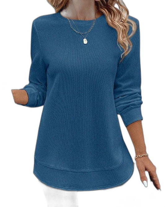 Effortless Blue Knit Sweater for Women with Crew Neck Long Sleeve Oversized Casual Style