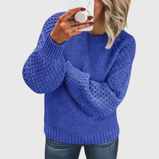 Effortless Blue Knit Sweater for Women with Crew Neck Long Sleeve Oversized Casual Style