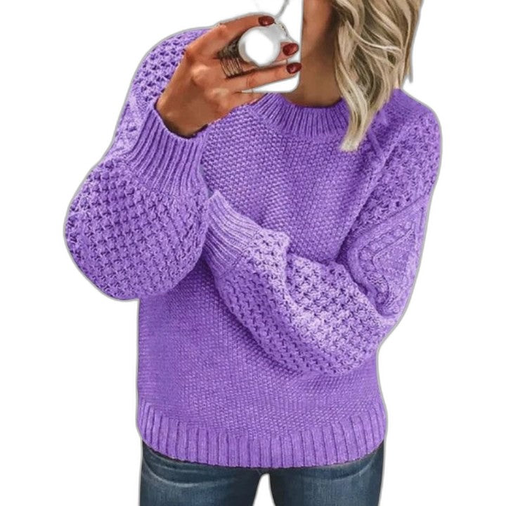 Effortless Blue Knit Sweater for Women with Crew Neck Long Sleeve Oversized Casual Style