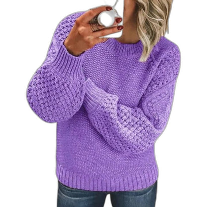 Effortless Blue Knit Sweater for Women with Crew Neck Long Sleeve Oversized Casual Style