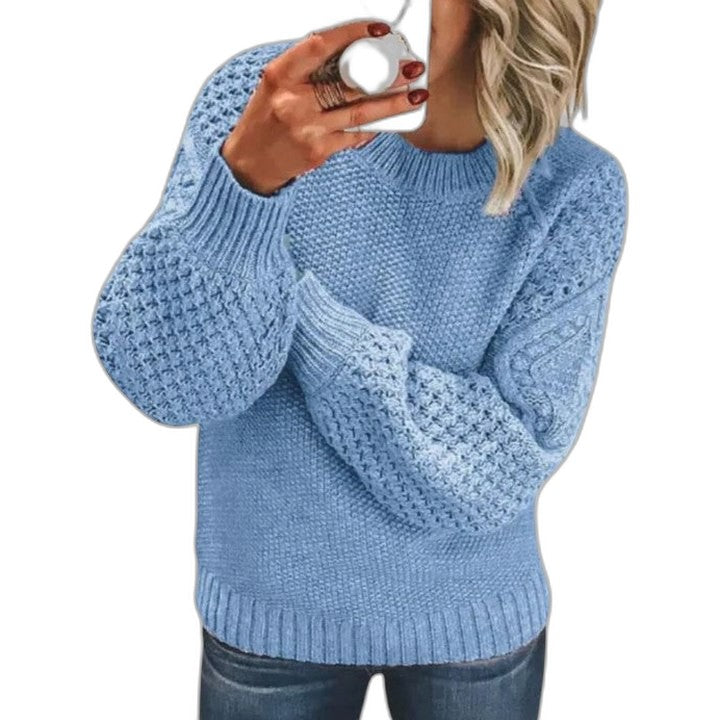 Effortless Blue Knit Sweater for Women with Crew Neck Long Sleeve Oversized Casual Style