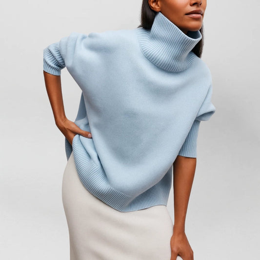 Effortless Blue Knit Sweater for Women with Turtleneck Short Sleeve Casual Style