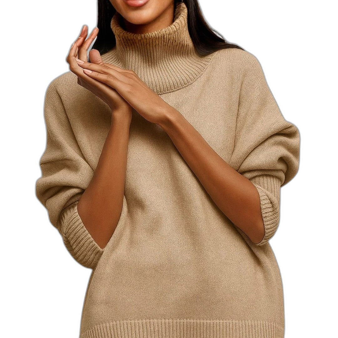 Effortless Blue Knit Sweater for Women with Turtleneck Short Sleeve Casual Style