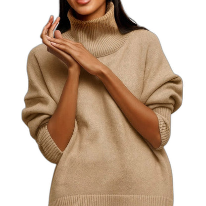 Effortless Blue Knit Sweater for Women with Turtleneck Short Sleeve Casual Style