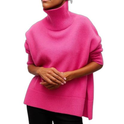 Effortless Blue Knit Sweater for Women with Turtleneck Short Sleeve Casual Style