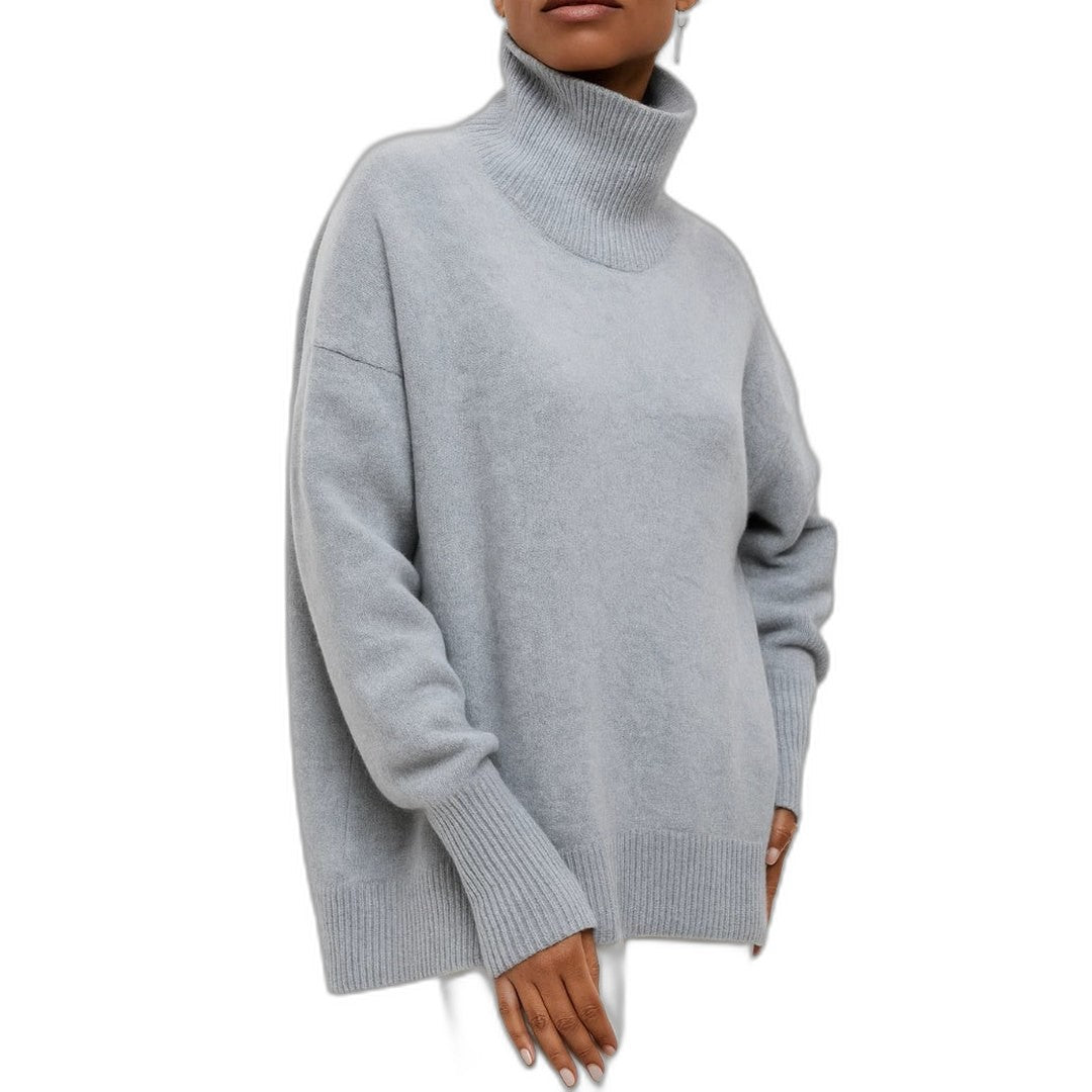 Effortless Blue Knit Sweater for Women with Turtleneck Short Sleeve Casual Style