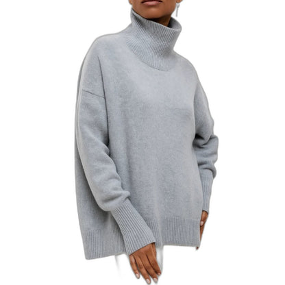 Effortless Blue Knit Sweater for Women with Turtleneck Short Sleeve Casual Style