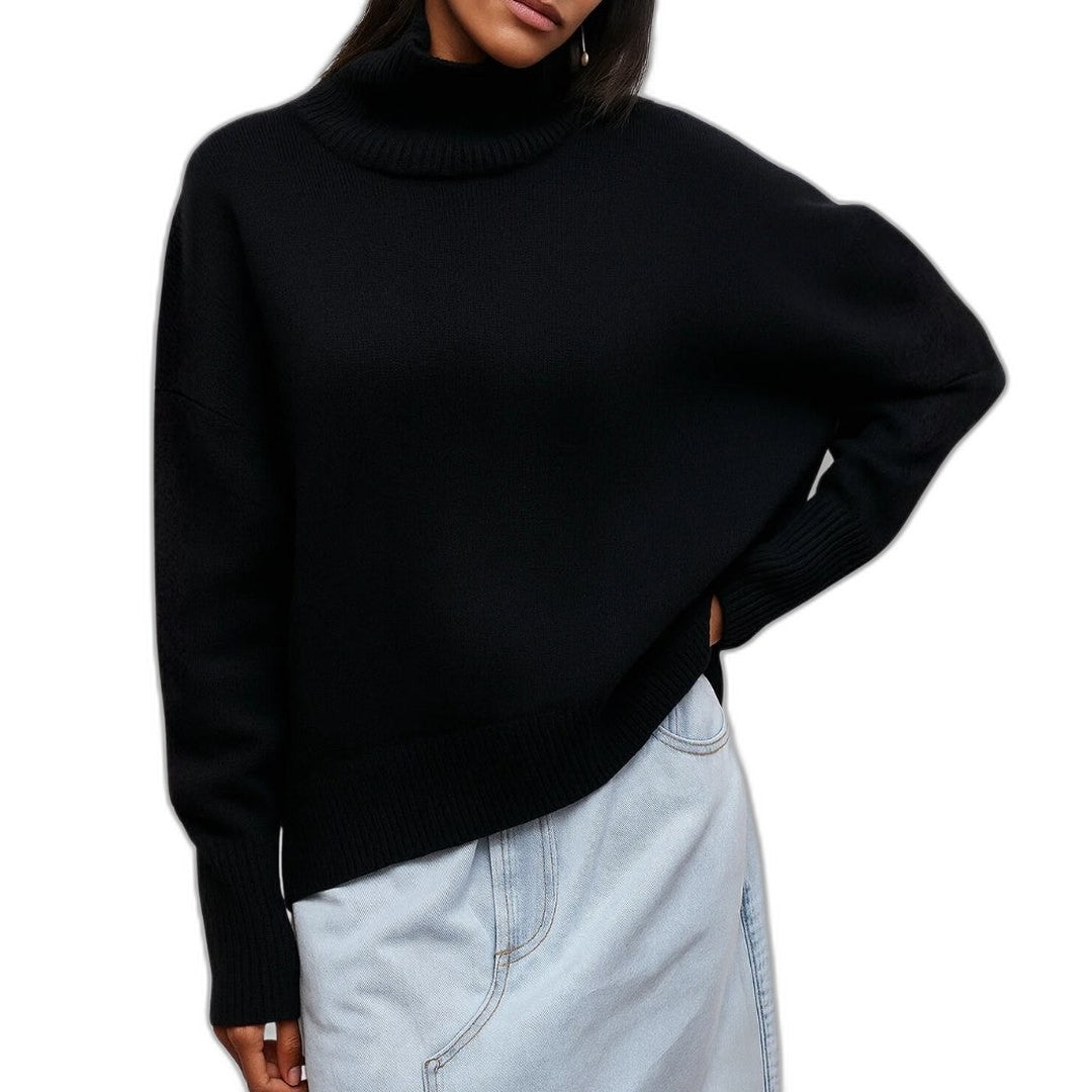 Effortless Blue Knit Sweater for Women with Turtleneck Short Sleeve Casual Style