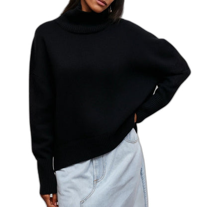 Effortless Blue Knit Sweater for Women with Turtleneck Short Sleeve Casual Style