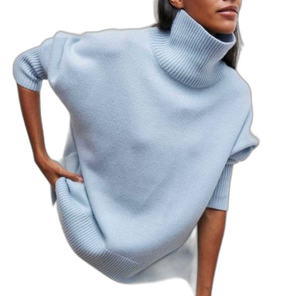 Effortless Blue Knit Sweater for Women with Turtleneck Short Sleeve Oversized Casual Style