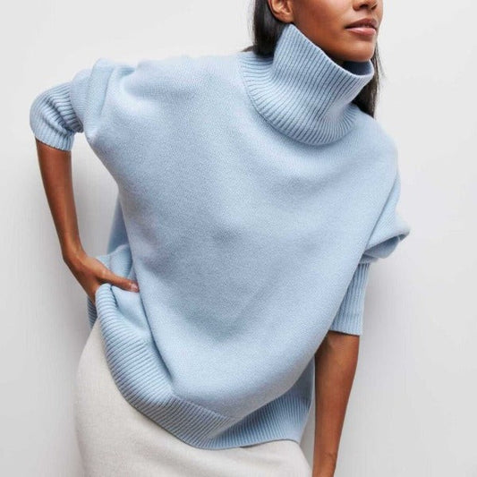 Effortless Blue Knit Sweater for Women with Turtleneck Short Sleeve Oversized Casual Style