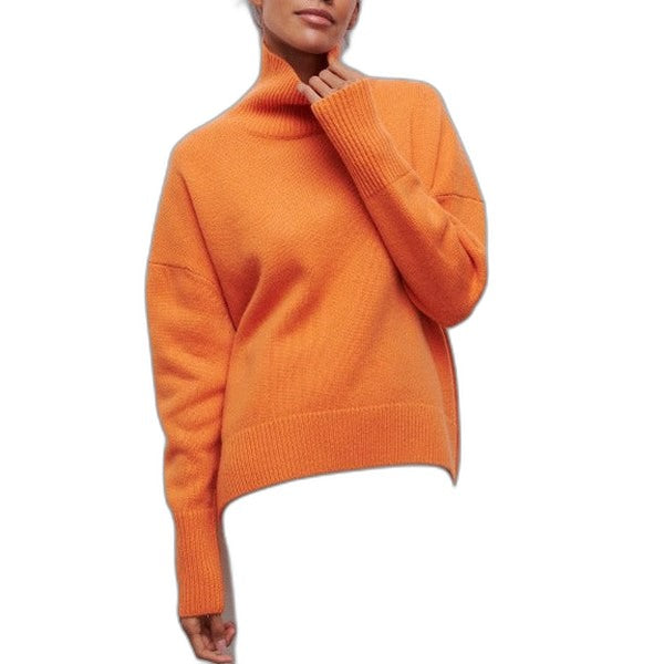 Effortless Blue Knit Sweater for Women with Turtleneck Short Sleeve Oversized Casual Style