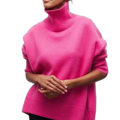Effortless Blue Knit Sweater for Women with Turtleneck Short Sleeve Oversized Casual Style