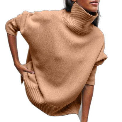 Effortless Blue Knit Sweater for Women with Turtleneck Short Sleeve Oversized Casual Style