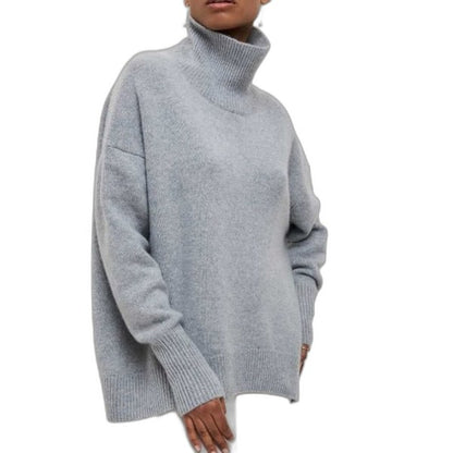 Effortless Blue Knit Sweater for Women with Turtleneck Short Sleeve Oversized Casual Style