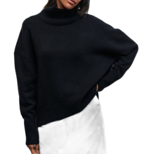 Effortless Blue Knit Sweater for Women with Turtleneck Short Sleeve Oversized Casual Style