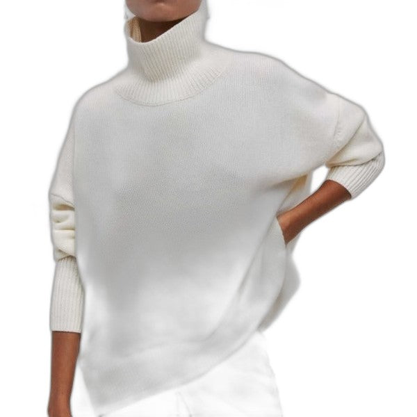 Effortless Blue Knit Sweater for Women with Turtleneck Short Sleeve Oversized Casual Style