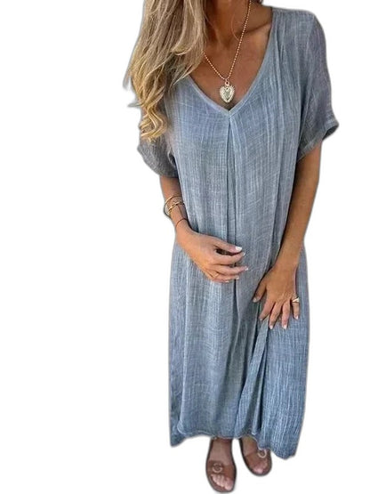 Effortless Blue Knit T Shirt for Women with V Neck Short Sleeve Flowing Oversized Casual Style