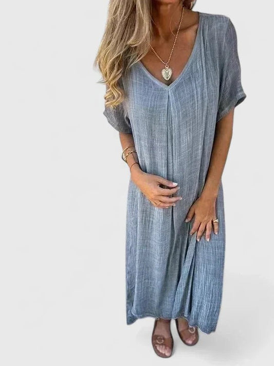 Effortless Blue Knit T Shirt for Women with V Neck Short Sleeve Flowing Oversized Casual Style
