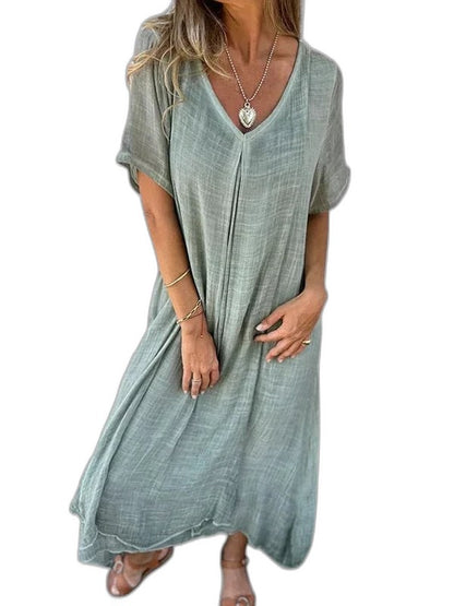 Effortless Blue Knit T Shirt for Women with V Neck Short Sleeve Flowing Oversized Casual Style