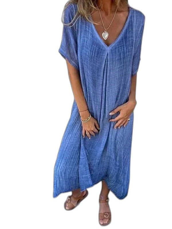 Effortless Blue Knit T Shirt for Women with V Neck Short Sleeve Flowing Oversized Casual Style