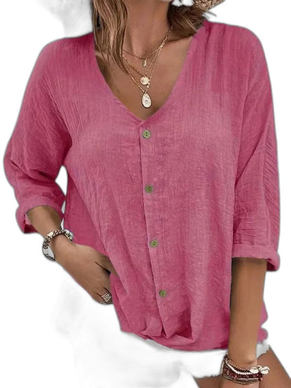 Effortless Blue Linen Blouse for Women with V Neck Long Sleeve Button Front Casual Style