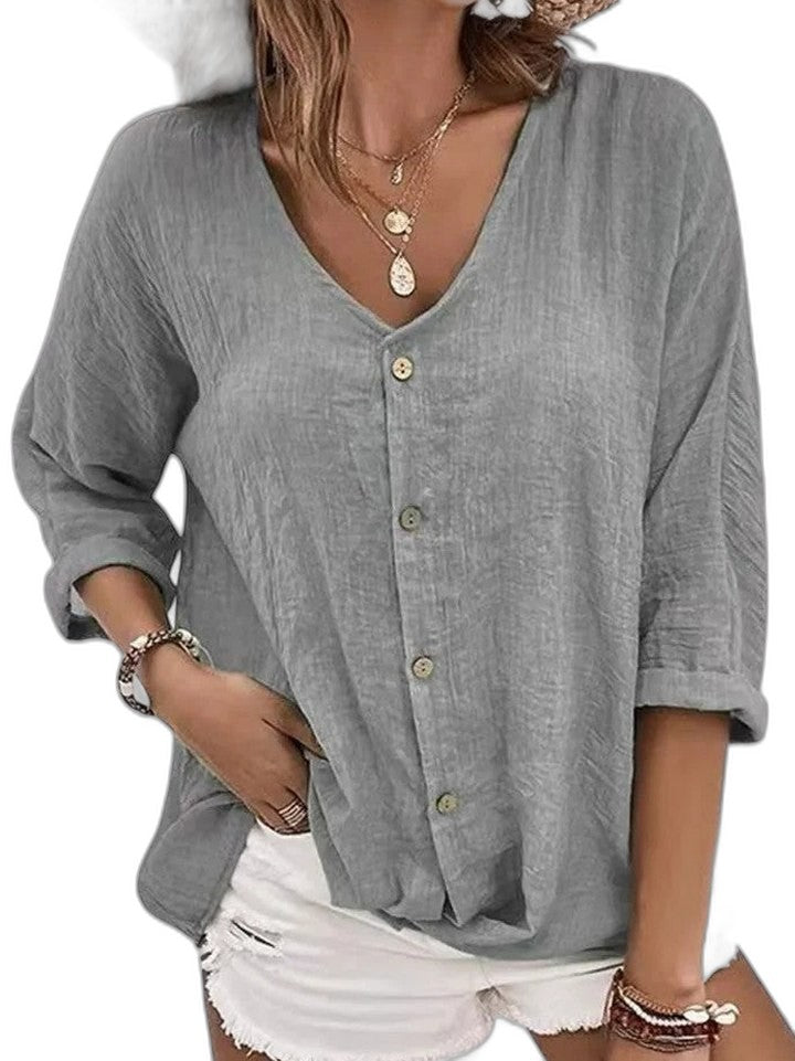 Effortless Blue Linen Blouse for Women with V Neck Long Sleeve Button Front Casual Style