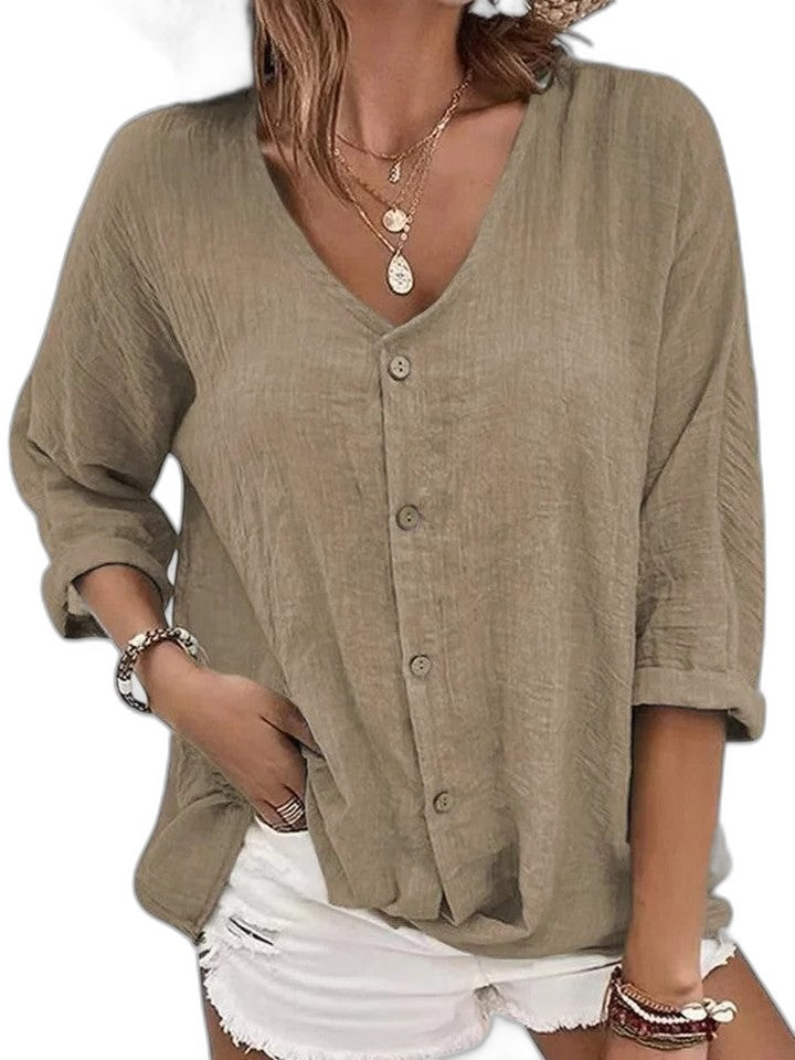 Effortless Blue Linen Blouse for Women with V Neck Long Sleeve Button Front Casual Style