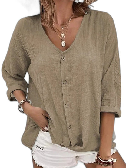 Effortless Blue Linen Blouse for Women with V Neck Long Sleeve Button Front Casual Style