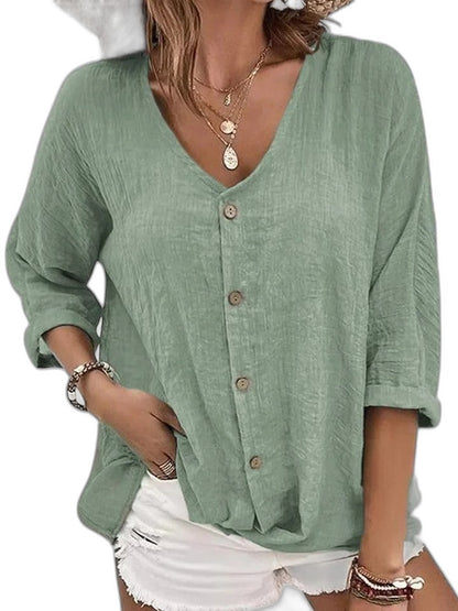 Effortless Blue Linen Blouse for Women with V Neck Long Sleeve Button Front Casual Style