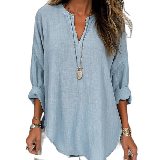 Effortless Blue Linen Blouse for Women with V Neck Long Sleeve Flowing Oversized Casual Style