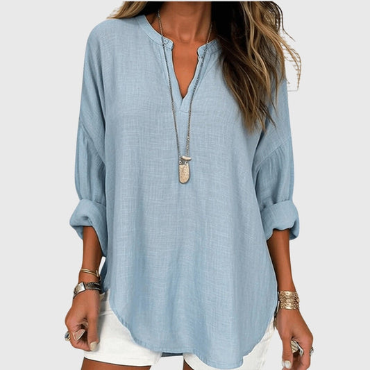 Effortless Blue Linen Blouse for Women with V Neck Long Sleeve Flowing Oversized Casual Style