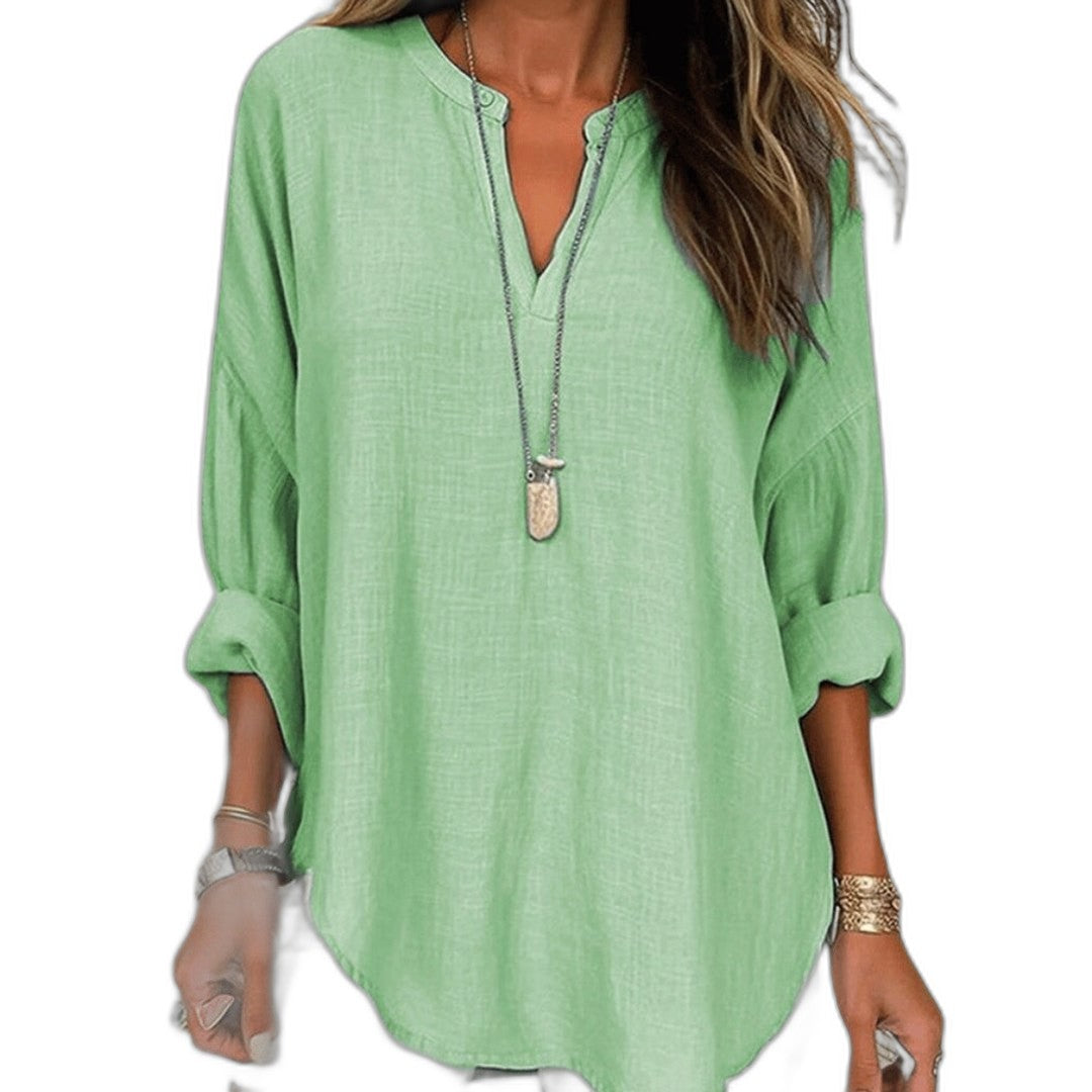 Effortless Blue Linen Blouse for Women with V Neck Long Sleeve Flowing Oversized Casual Style