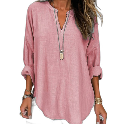 Effortless Blue Linen Blouse for Women with V Neck Long Sleeve Flowing Oversized Casual Style