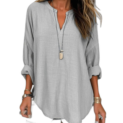 Effortless Blue Linen Blouse for Women with V Neck Long Sleeve Flowing Oversized Casual Style