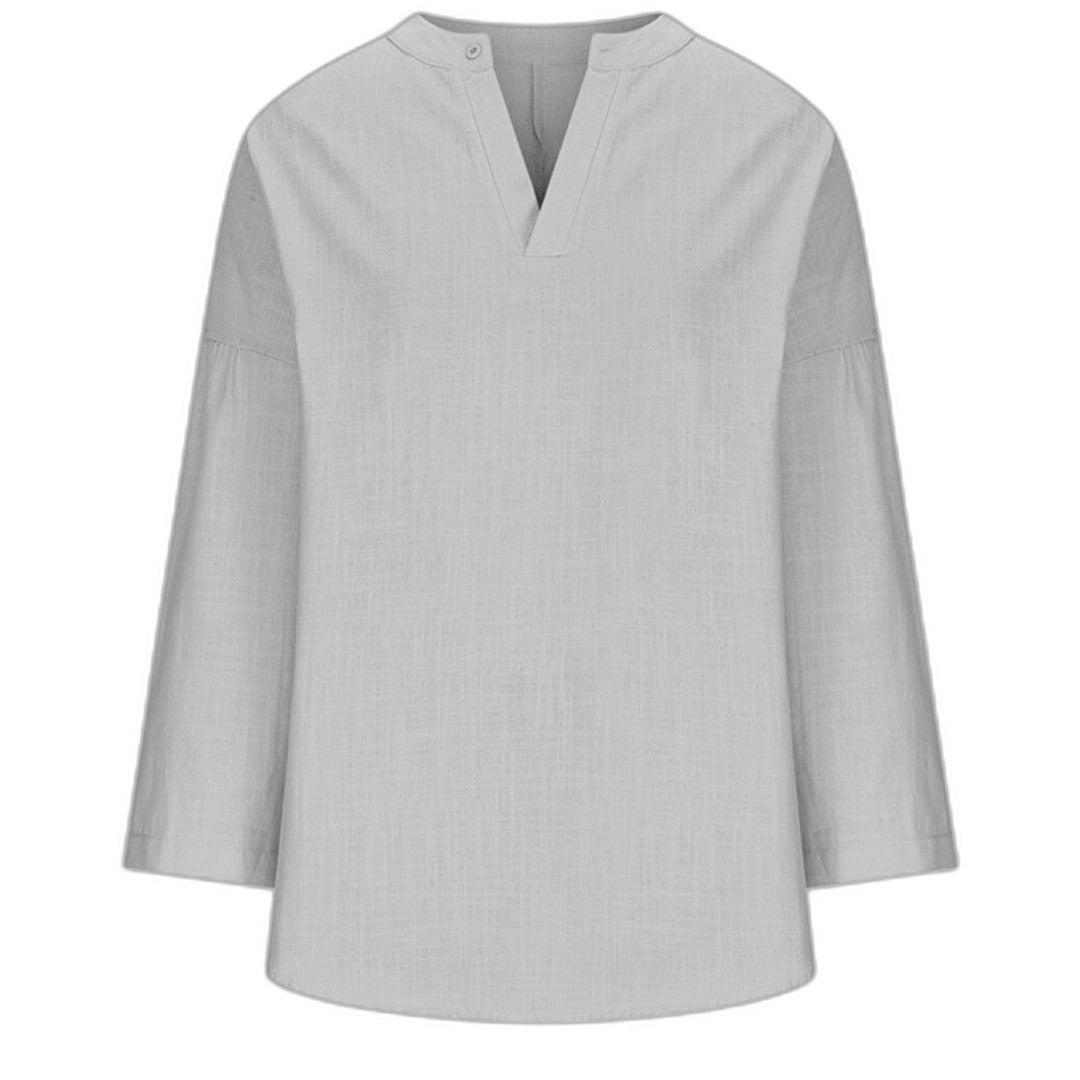 Effortless Blue Linen Blouse for Women with V Neck Long Sleeve Flowing Oversized Casual Style