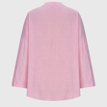 Effortless Blue Linen Blouse for Women with V Neck Long Sleeve Flowing Oversized Casual Style