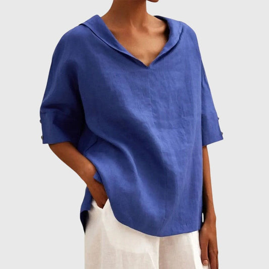 Effortless Blue Linen Blouse for Women with V Neck Short Sleeve Oversized Casual Style