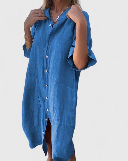 Effortless Blue Linen Midi Dress for Women with Collared Short Sleeve Button Front Flowing Casual Style
