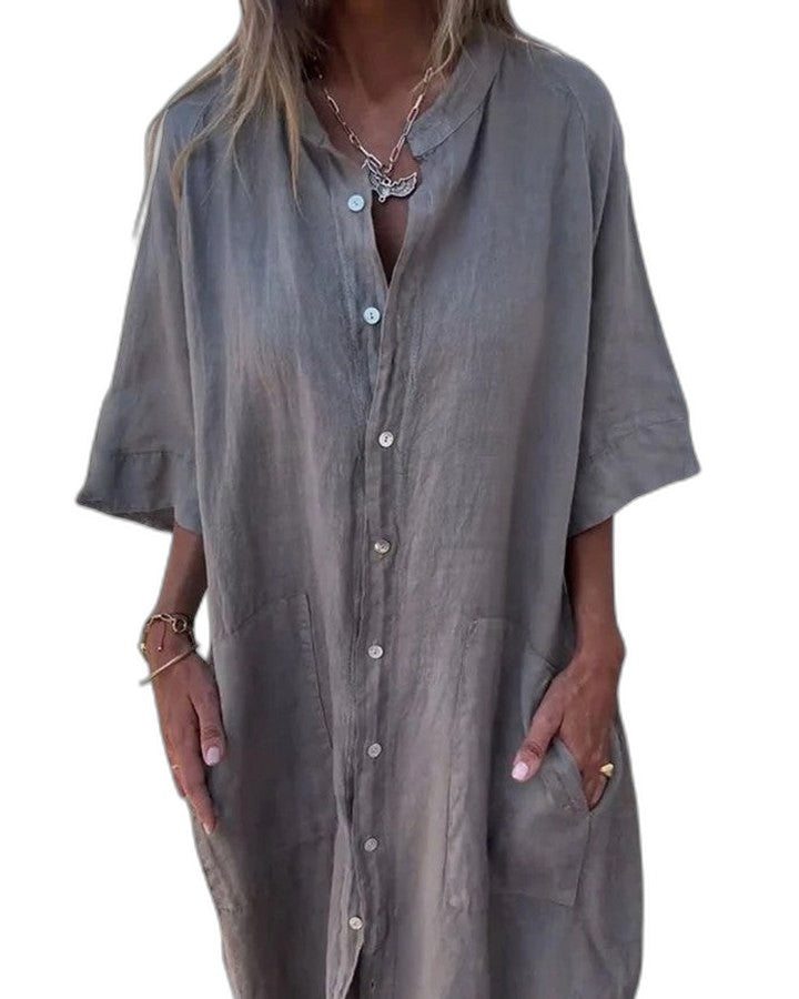 Effortless Blue Linen Midi Dress for Women with Collared Short Sleeve Button Front Flowing Casual Style