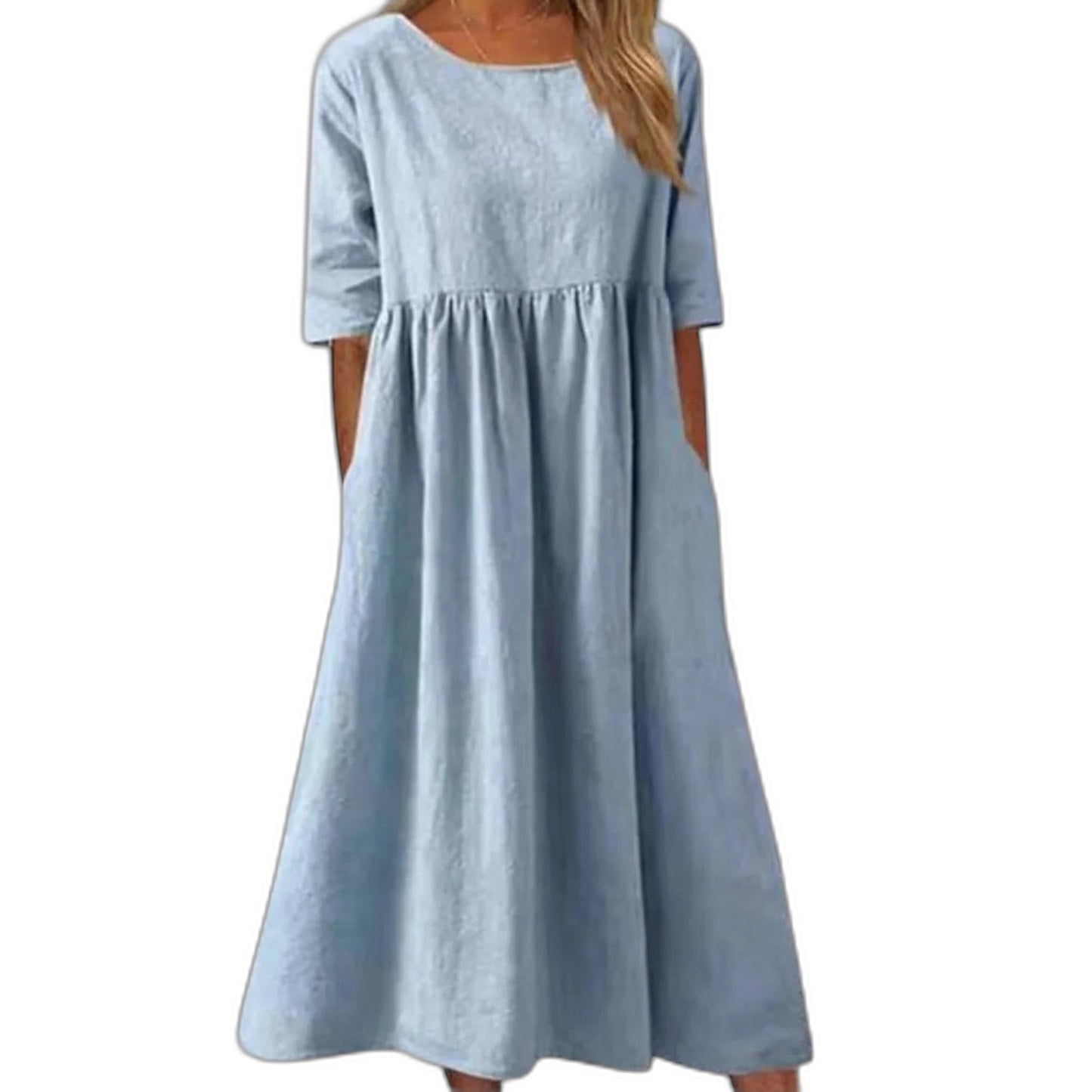 Effortless Blue Linen Midi Dress for Women with Crew Neck Short Sleeve A Line Flowing Casual Style