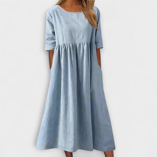 Effortless Blue Linen Midi Dress for Women with Crew Neck Short Sleeve A Line Flowing Casual Style