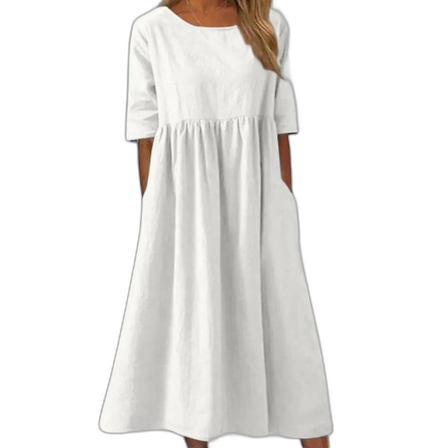Effortless Blue Linen Midi Dress for Women with Crew Neck Short Sleeve A Line Flowing Casual Style