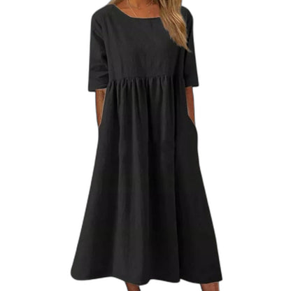 Effortless Blue Linen Midi Dress for Women with Crew Neck Short Sleeve A Line Flowing Casual Style